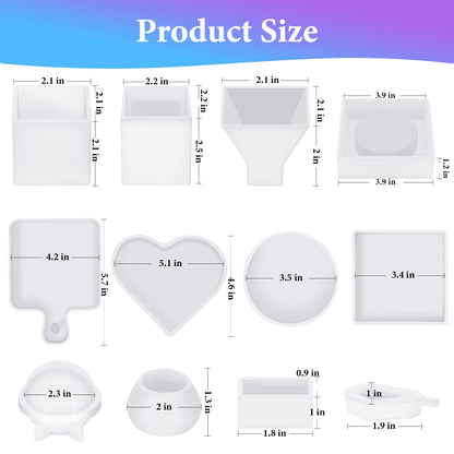 KISREL Resin Molds Kit 12PCS, Epoxy Resin Silicone Molds, Resin Mold Including Cube, Pen Container, Pyramid, Tray, Love, Round, Square, Ball, Flowerpot, Cuboid, Crystal