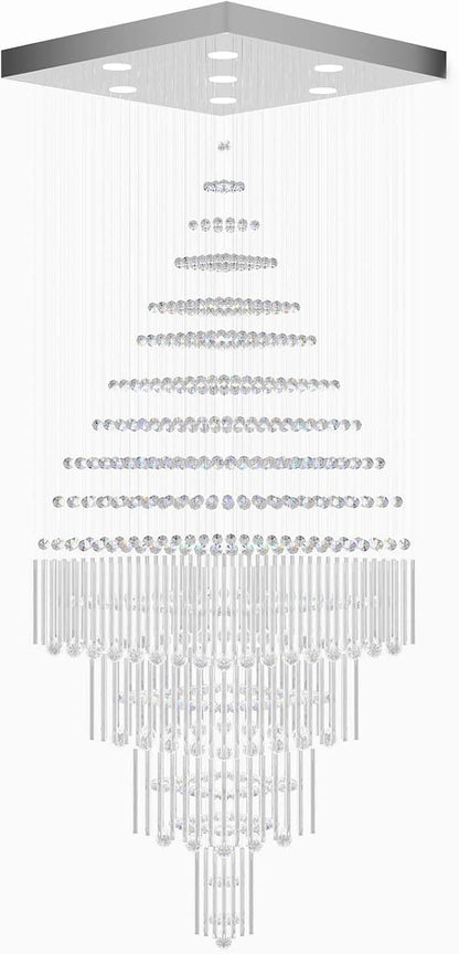 Flashing God D32''X H79'' Foyer Chandelier for High Ceilings,Square Crystal Raindrop Chandeliers,Large Chandelier for Entrance Foyer Villa,4 Tier Chandeliers