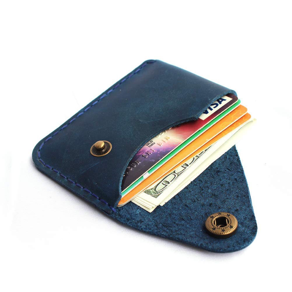 Handmade Leather Card Holder with Snap Closure - Ultra-Thin Minimalist Front Pocket Wallet, Hand-Stitched Genuine Leather Simple Card Case for Men & Women(Blue)
