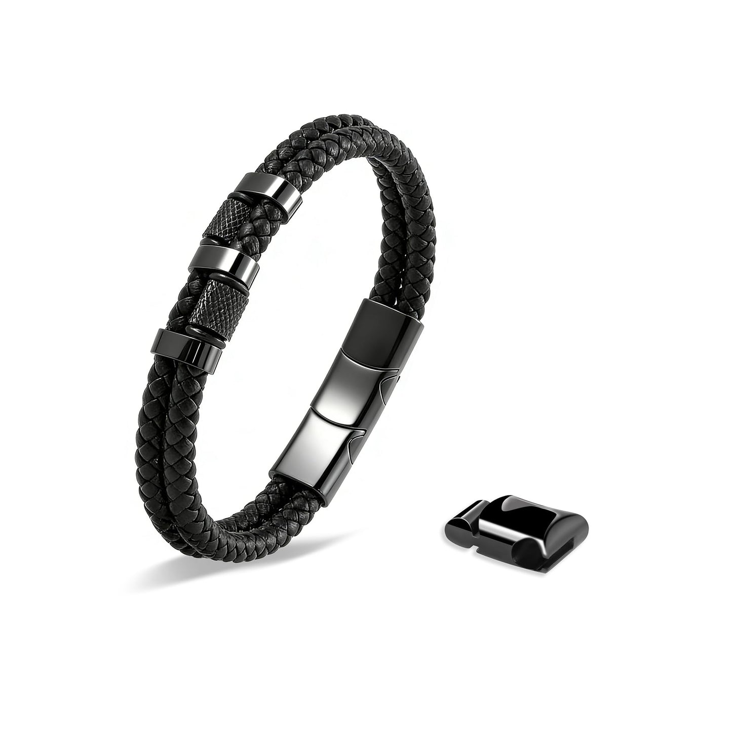 HAVRESSE black genuine leather bracelet for men with adjustable stainless steel magnetic clasp - multi-layer braided rope design - stylish bracelet for men Fits wrist sizes 6.1-7.5 inches.