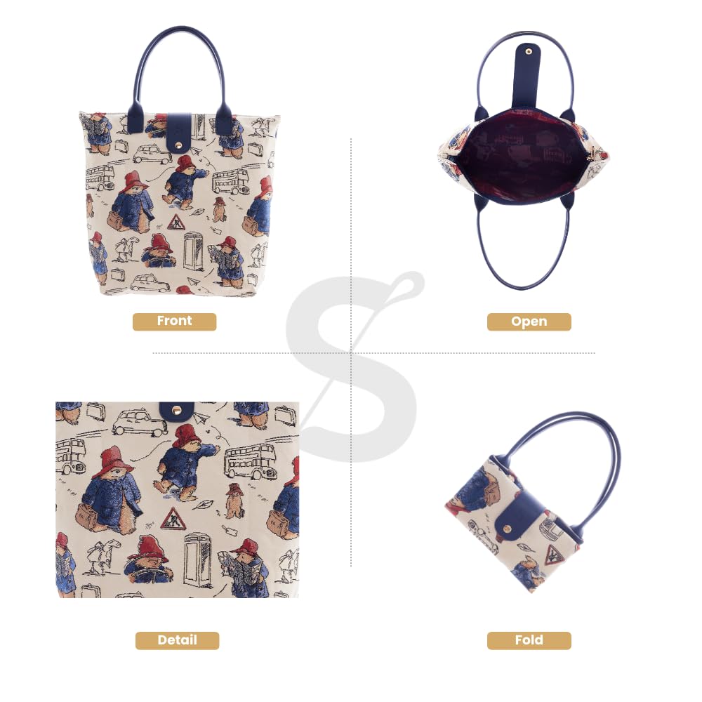 Signare Tapestry Foldable Tote Bag Reusable Shopping Bag Grocery Bag In Paddington Bear Design (FDAW-PADD)