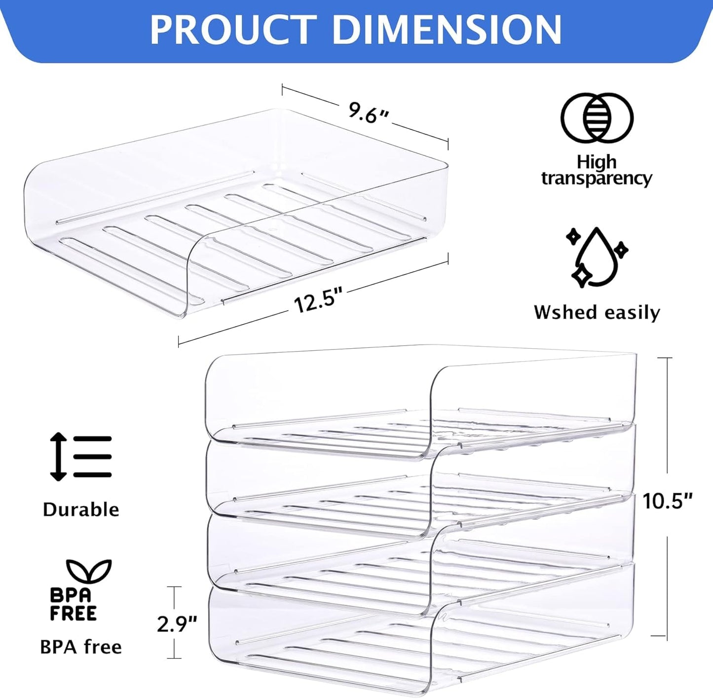 LALOBLUE Stackable Letter Tray Desk Organizer, Set of 4 Clear PET Paper & File Organizers, Document Storage for Office Supplies