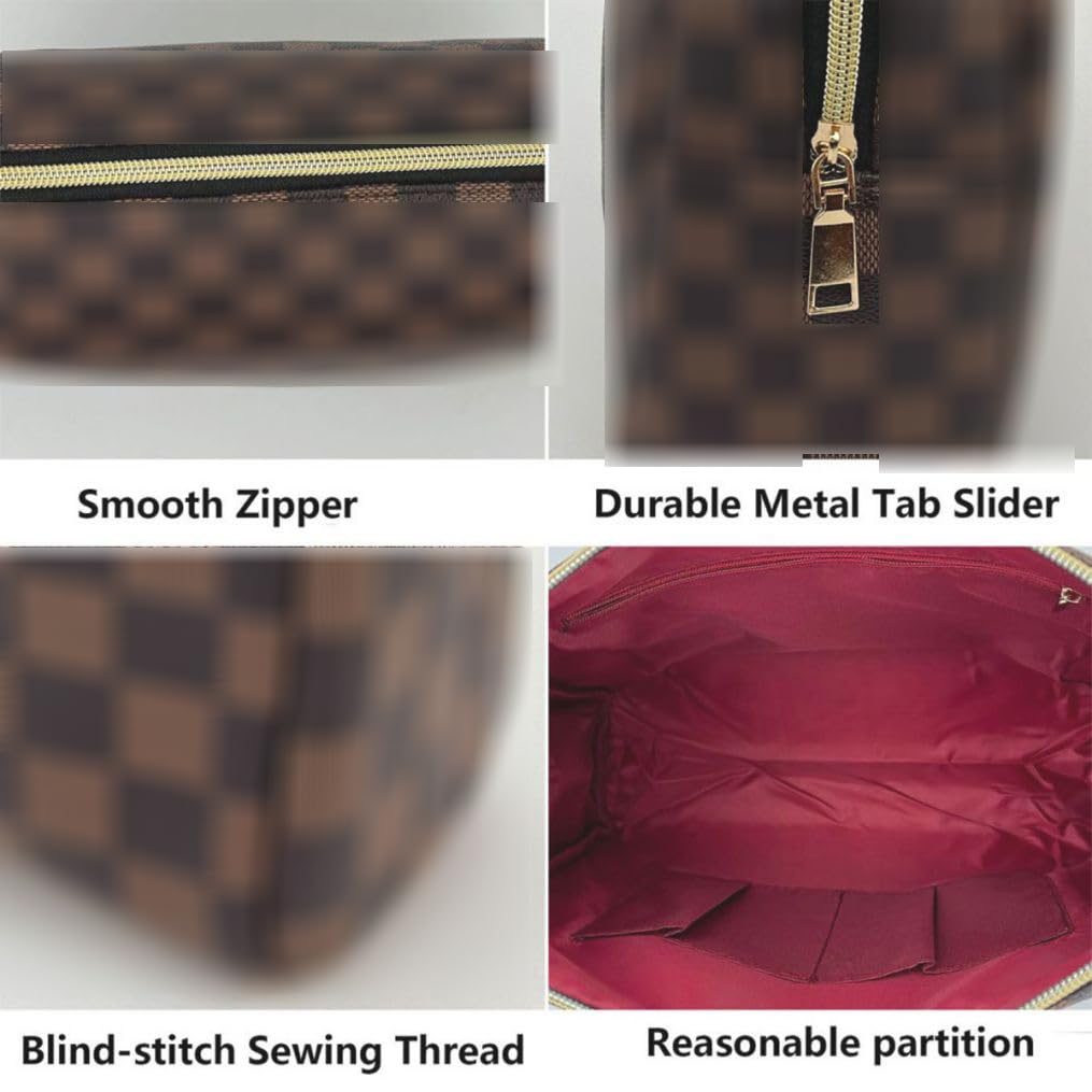 bopomofo Brown Checkered Cosmetic Bag 3 Pack,1 Big Pouch,1 Makeup Brushes Holder, 1 Coin Purse,Portable Travel Makeup Bag Set Lightweight and Waterproof Storage Bag Organizer (Brown Checkered 3 Pcs)