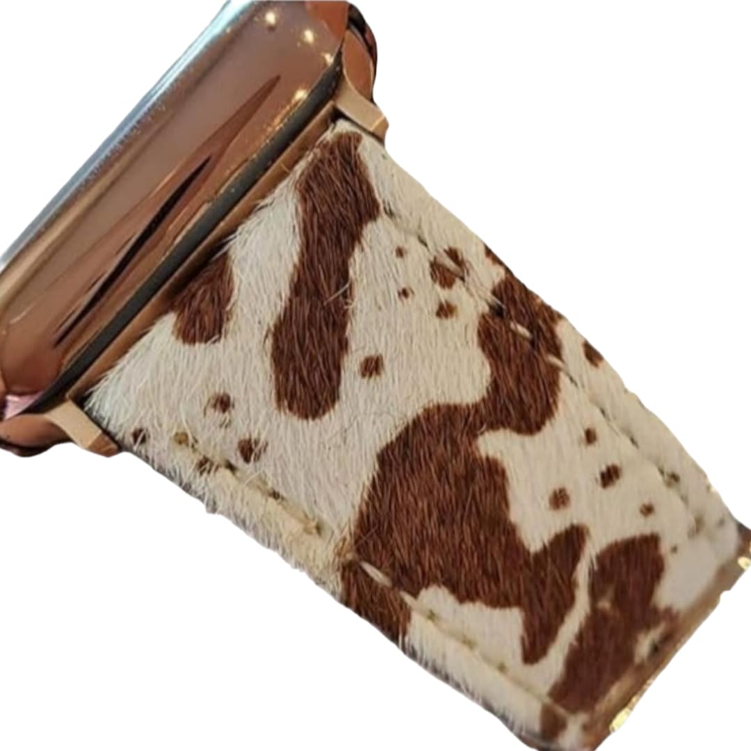 DSAAplus Luxury Cowhide Fur Leather Western Strap For Apple Watch Band 38 40 41 42 44 45 46 49mm Stylish Wristband for iWatch Series 11 10 9 8 7 6 5 4 Ultra SE 3 2 1(Furry cow brown, 38/40/41mm rose gold buckle)