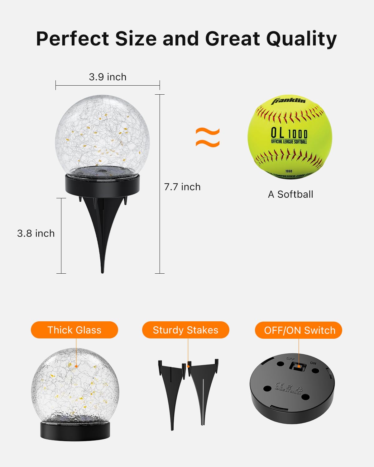 4 Pack Solar Powered Cracked Glass Globe LED Lights Outdoor Waterproof Decorative Table Ball Lamps for Outside Garden, Patio, Yard, Deck, Pathway, Backyard Decoration Easy to Install (Warm White)