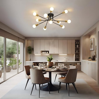 Mid Century Sputnik Gold and Black Semi Flush Mount Ceiling Light Fixture, Modern Large 11 Light Metal Chandelier for Dining Room Bedroom Kitchen Living Room Office Lighting
