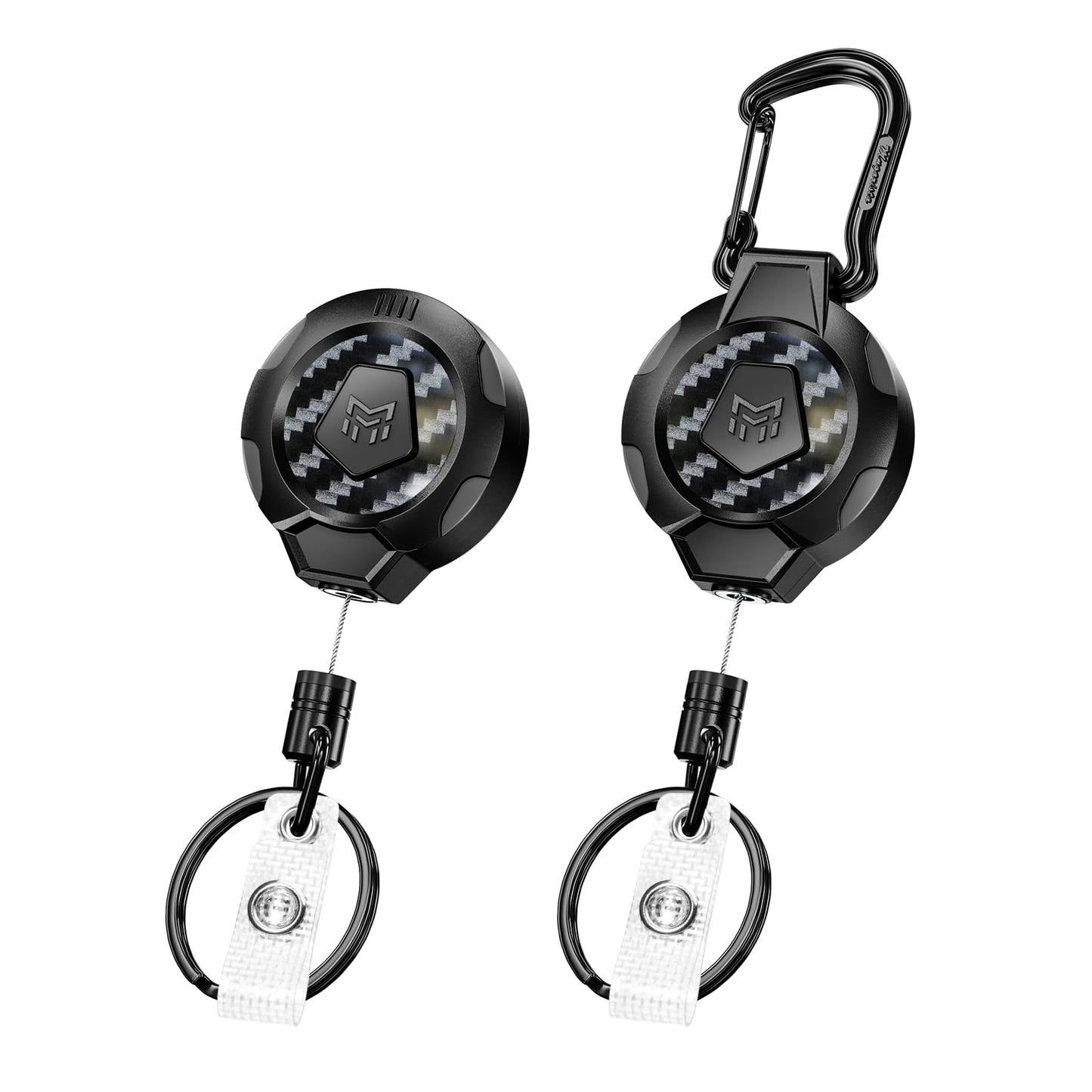 MNGARISTA Upgraded Heavy Duty Retractable Keychain, Belt Clip Ver. & Carabiner Ver., 10 oz Retraction, 31.5" Stainless Steel Cable, 3K Carbon Fiber Tactical ID Badge Reel Key Chain Retractor, 2 Pack