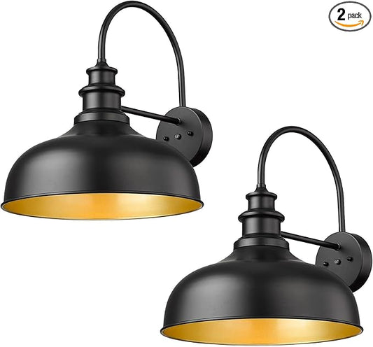 Bestshared 16 Inch Dome Large Dusk to Dawn Sensor Gooseneck Barn Light Farmhouse Outdoor Wall Sconce Industrial Exterior Wall Lighting Fixture, Outside Lantern Garage Lamp(Black+ Gold, 16” Dome-2Pack)