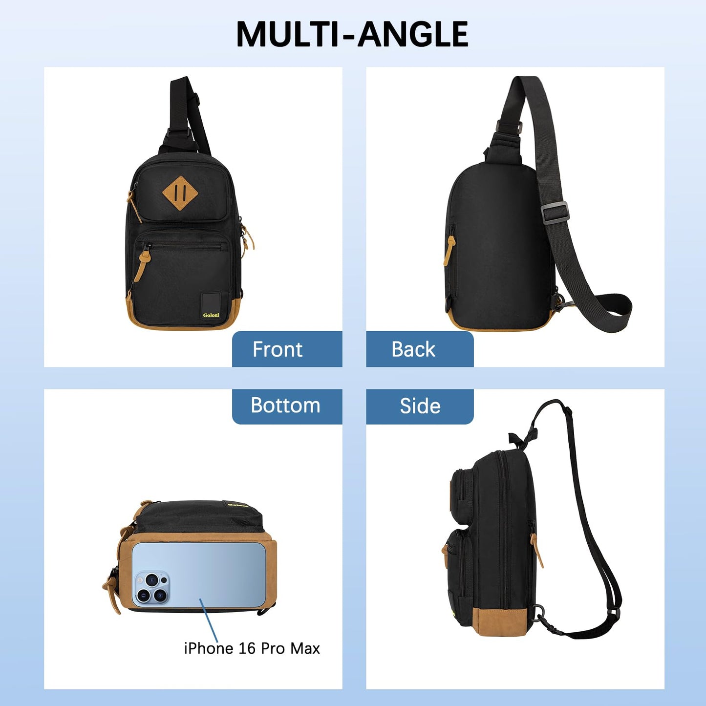 Goloni Sling Bag Crossbody Shoulder Bag for Men Women,Waterproof Lightweight Casual Daypack with Multi-Pockets for Travel Hiking Outdoor,Black