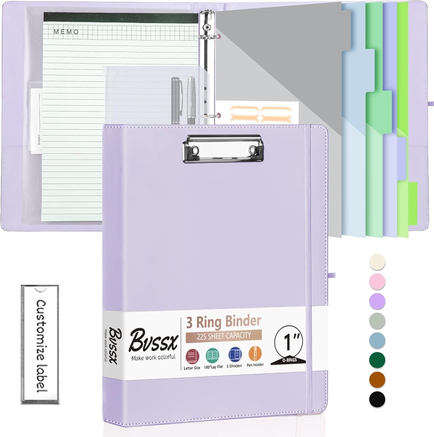 BVSSX 3 Ring Binder with Clipboard,1 Inch Binders with Notepad&5 Dividers with Pockets, Labels,PU Clipboards for School Office(Purple,Letter Size)