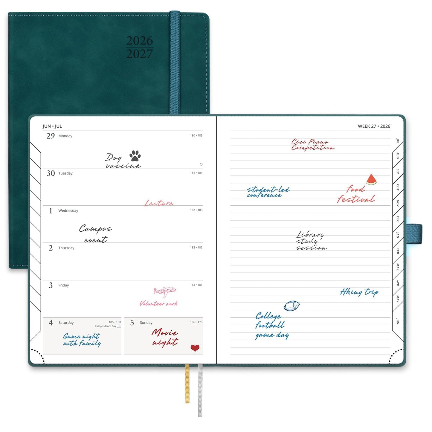 POPRUN Weekly Planner 2026-2027 (Medium 6.5''x 8.5'') Academic Calendar (JUL.26 - JUN.27) Appointment Book with Monthly Tabs, Leather Soft Cover, Inner Pocket, 100 GSM - Petrol Green