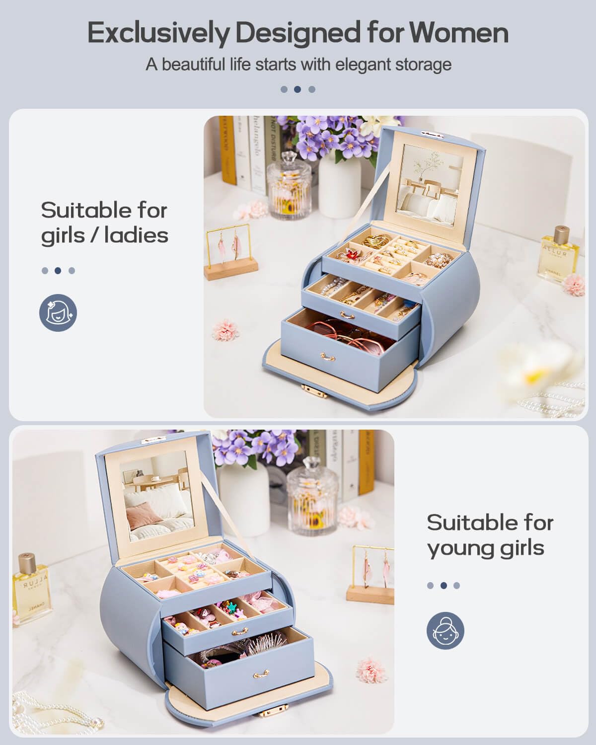 Homde Girls Jewelry Box Jewelry Storage Case Organizer Faux Leather with Mirror for Rings, Earrings, Bracelets, Necklaces (Grey Blue) - Gifts for Mother's Day