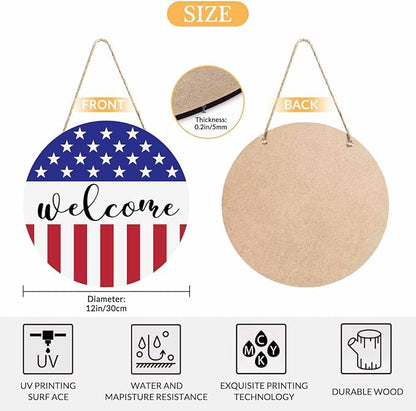 Welcome Wreath Sign for Farmhouse Front Porch Decor Patriotic Welcome Sign 12Inch Wooden Seasonal Decor Hanging Present