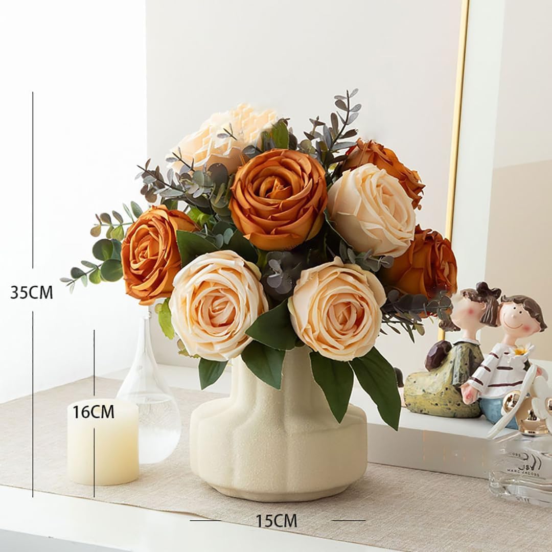 NAWEIDA Silk Roses Artificial Flowers in Vase,Fake Flowers with Vase,Faux Flower Arrangement with Vase for Home Office Decoration, Dining Table Centerpiece