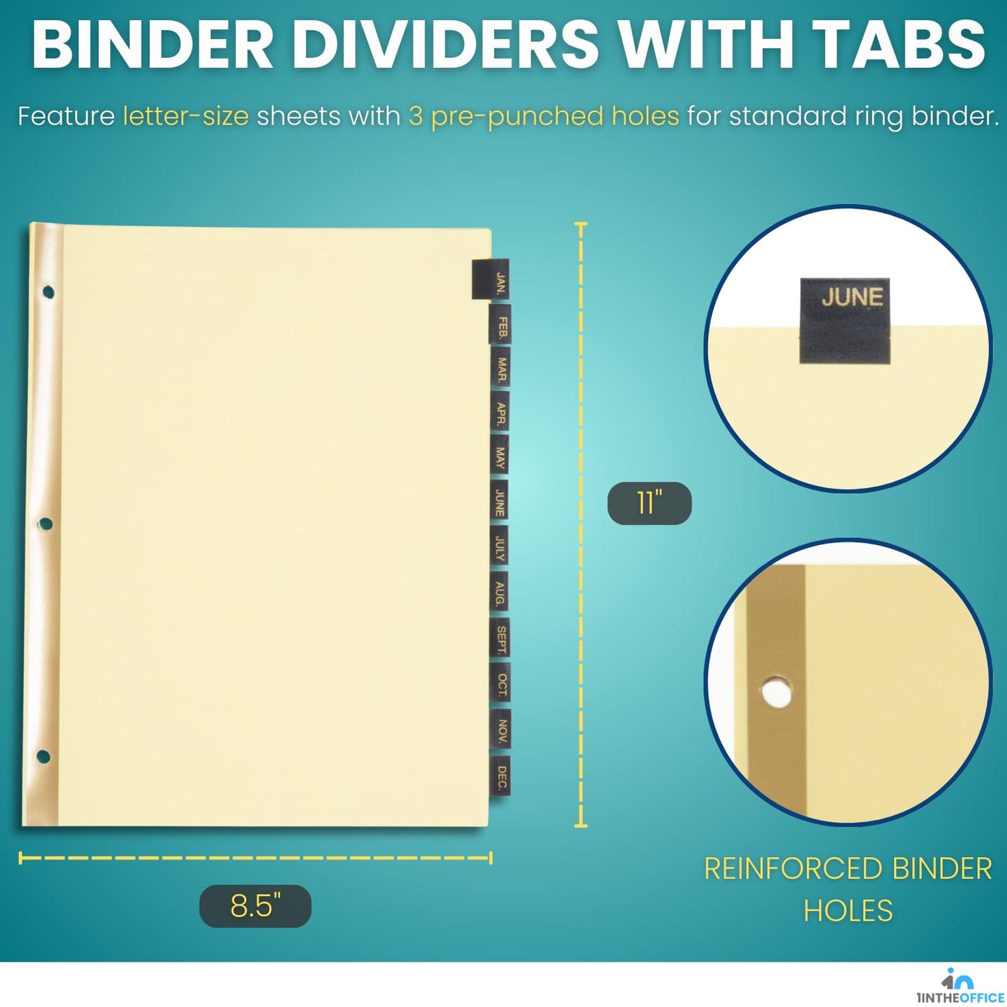 1InTheOffice Monthly Tab Dividers, Month Tabs for 3 Ring Binder, Monthly Leather Dividers, 12-Tab, Black, (4 Pack)