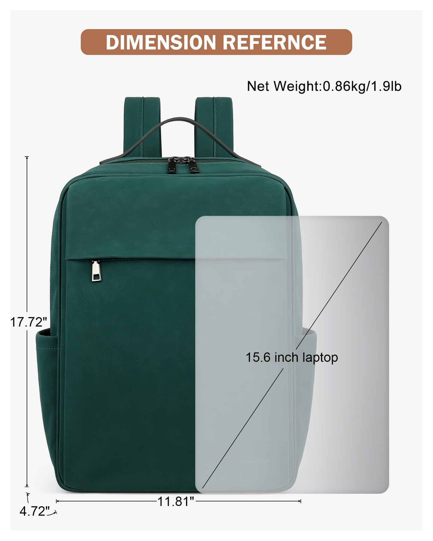 MASINTOR 15.6 inch PU Leather Laptop Backpack Purse for Women, Large College Casual Backpack Travel Bag Retro Green