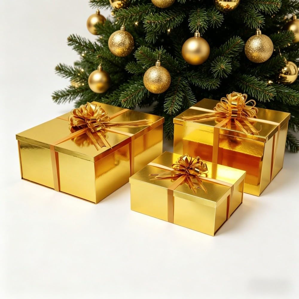 UoeRing Gold Extra Large Gift Box 1Pcs 22x17x9 inch,luxury Gift Box with Lid for Presents Birthday Christmas Valentine's Day (Contain Pull Bows,Card,Envelope,Filler)