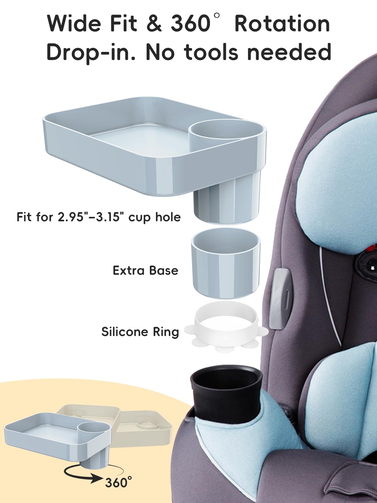 BBSDA Car Seat Cup Holder Snack Tray for Kids, Reduces Mess, Detachable Large Base & Adjustable Ring, Carseat Tray for Toddler, Car Seat Food Tray Table for Kid Travel Road Trip Essentials -Light Gray