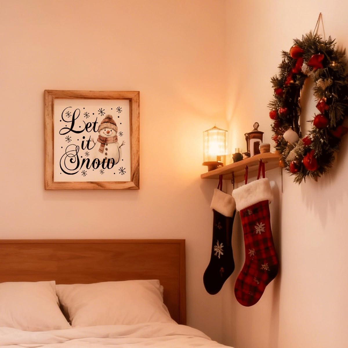 Christmas Wall Decor, Let It Snow Snowman Sign, Winter Framed Wood Wall Accent for Living Room Entryway or Playroom, MDF Holiday Hanging Plaque for Home
