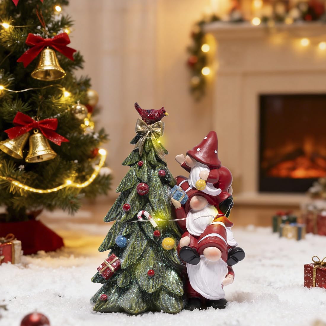 Hodao Christmas Tree Figurine Decorations — Lighted Hand-Painted Resin Gnomes Climbing with Cardinal, Tabletop Decor for Family or Friends | Mantel, Shelf, Living Room Display