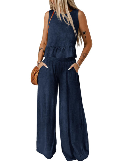 Dokotoo Pants Sets Women 2 Piece Outfits Sleeveless Round Neck Tank Tops Matching Sets for Women Elastic Waist Wide Leg