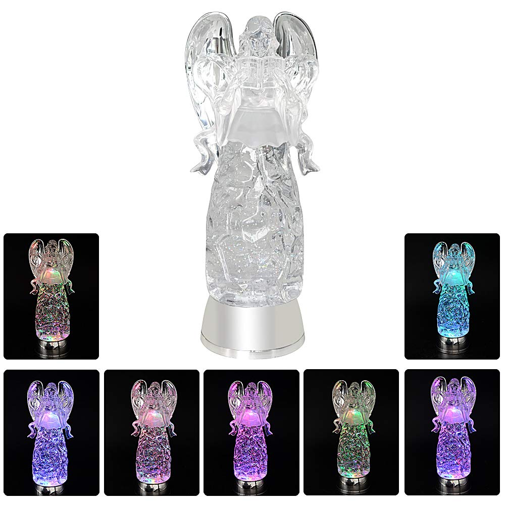 Wondise Color Changing Snow Globe Water Lamp with 6 Hour Timer, 11 Inches LED Lights Battery Operated Swirling Glitter Christmas Home Decor (Angel Reading Figurine)