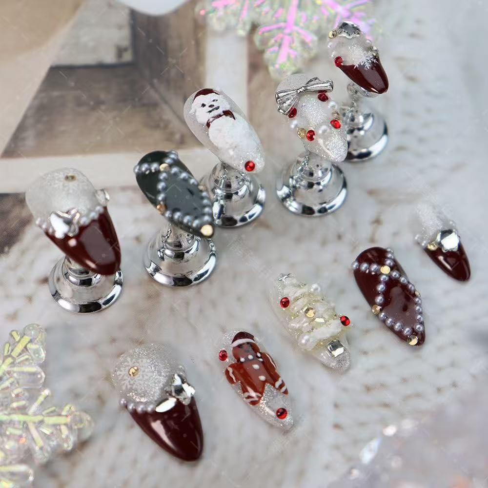 100% Handmade Press on Nails Christmas Press on Nails Medium Almond Shape Dark Red French Tips Snowman Design Rhinestones Christmas Tree Gingerbread Man Wintner Xmas Nails for Women Size M