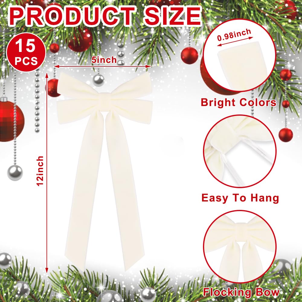 JOICEE 15Pcs Velvet Bows for Christmas Tree, Christmas Wreath Bows Rustic Crafts Gift Bows Velvet Ribbon Bows for Xmas Home Garland Decorations Holiday Wedding Outdoor Indoor Decor(Beige)