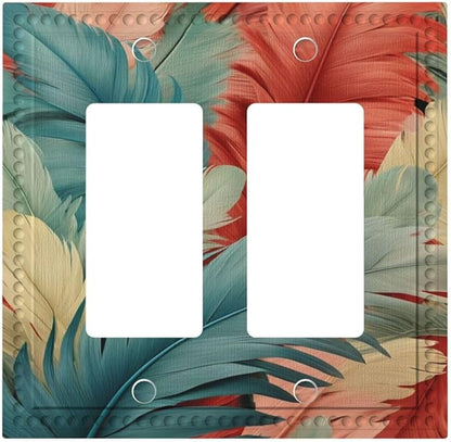 Colorful Feathers Blue Red Dual Outlet Covers Wall Plate 2 Gang Rocker Decora Decorative Switchplate Electrical Faceplate GFCI Light Switch Covers for Farmhouse Living Decor