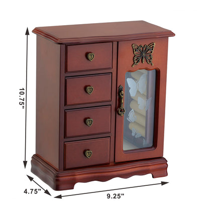 RR ROUND RICH DESIGN Solid Wooden Jewelry Box Makeup and Organizer Women Ring Storage with 4-Drawers Built-in Necklace Carousel and Mirror Brown