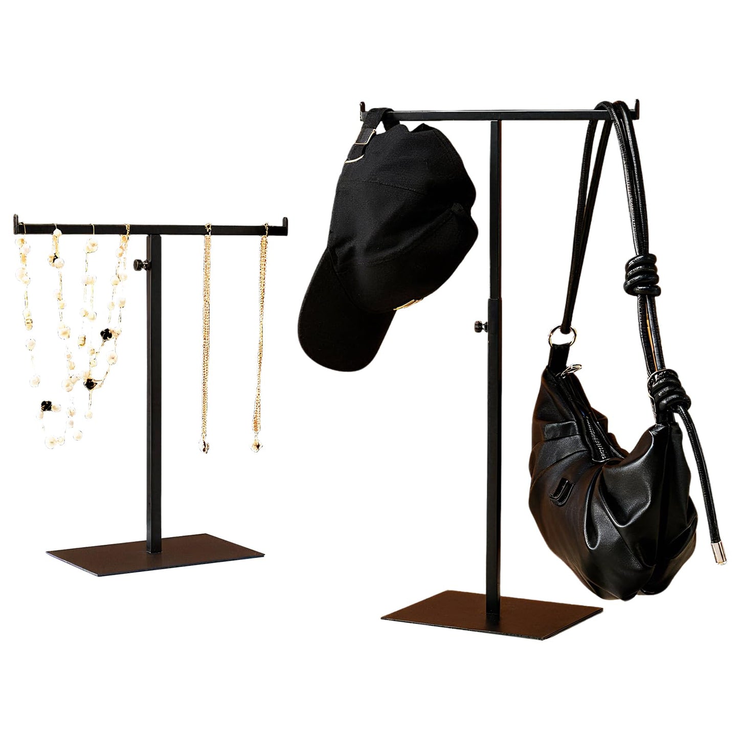 Purse Display Stand Jewelry Towers - 2 Pack Purse Stand Handbag Bag Display Black Tabletop Stainless Steel Hook Hanging Jewelry Stands for Necklaces Organizer Adjustable Height Home Store Boutique