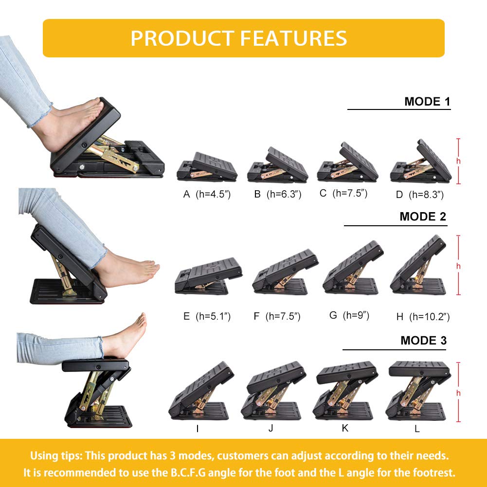 Adjustable Foot Rest for Under Desk at Work, Comfortable Footrest with 4-Level Height Adjustment, Ergonomic Leg Rest for Office Gaming Chair, Black Foot Stool with Removable Soft Pad