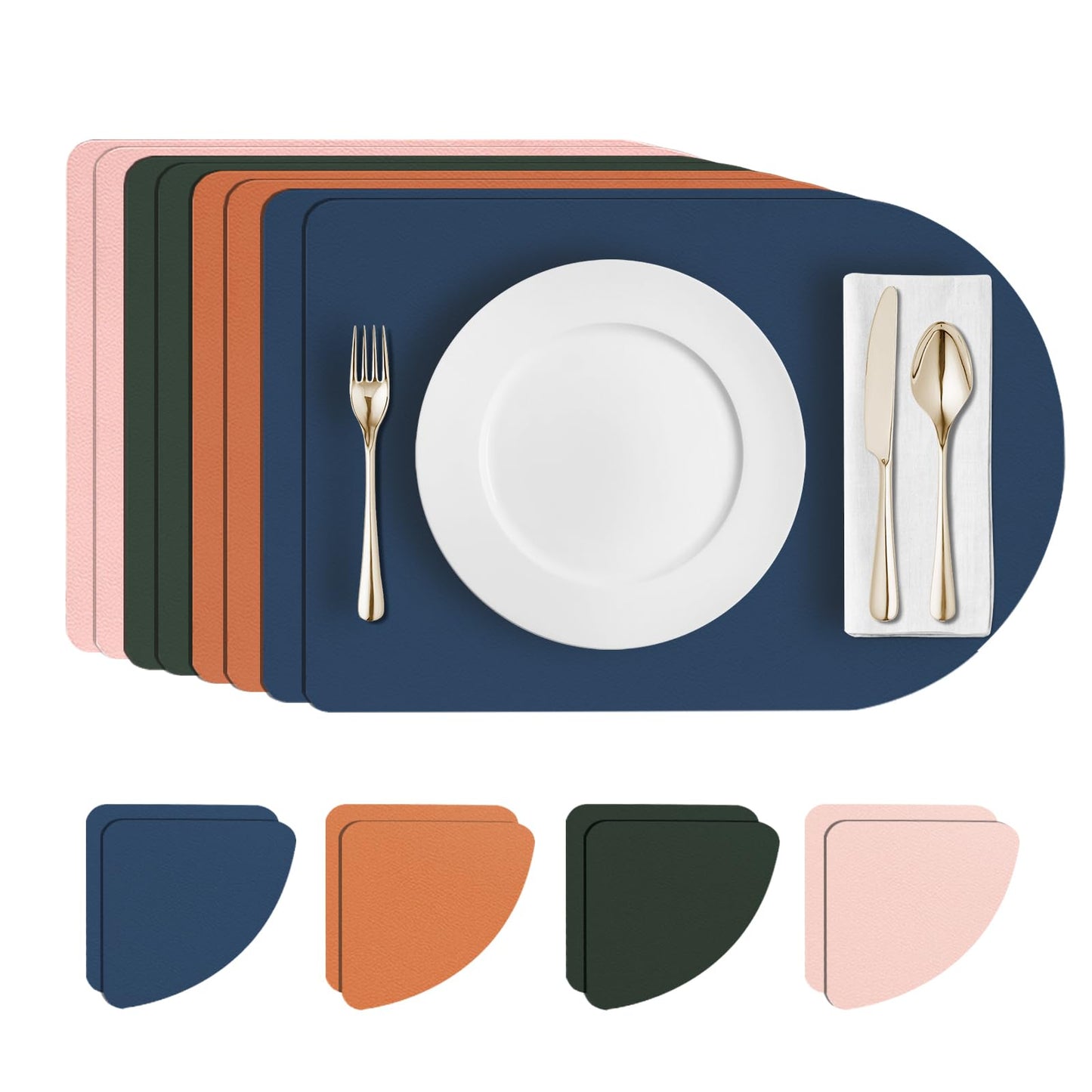 Reversible Faux Leather Placemats with Coasters Set of 8, Non-Slip Washable Table Mats for Dining, Kitchen, Heat Resistant Insulation Place Mat Easy to Clean (17 x 12 inch), Stain Resistant Placemats