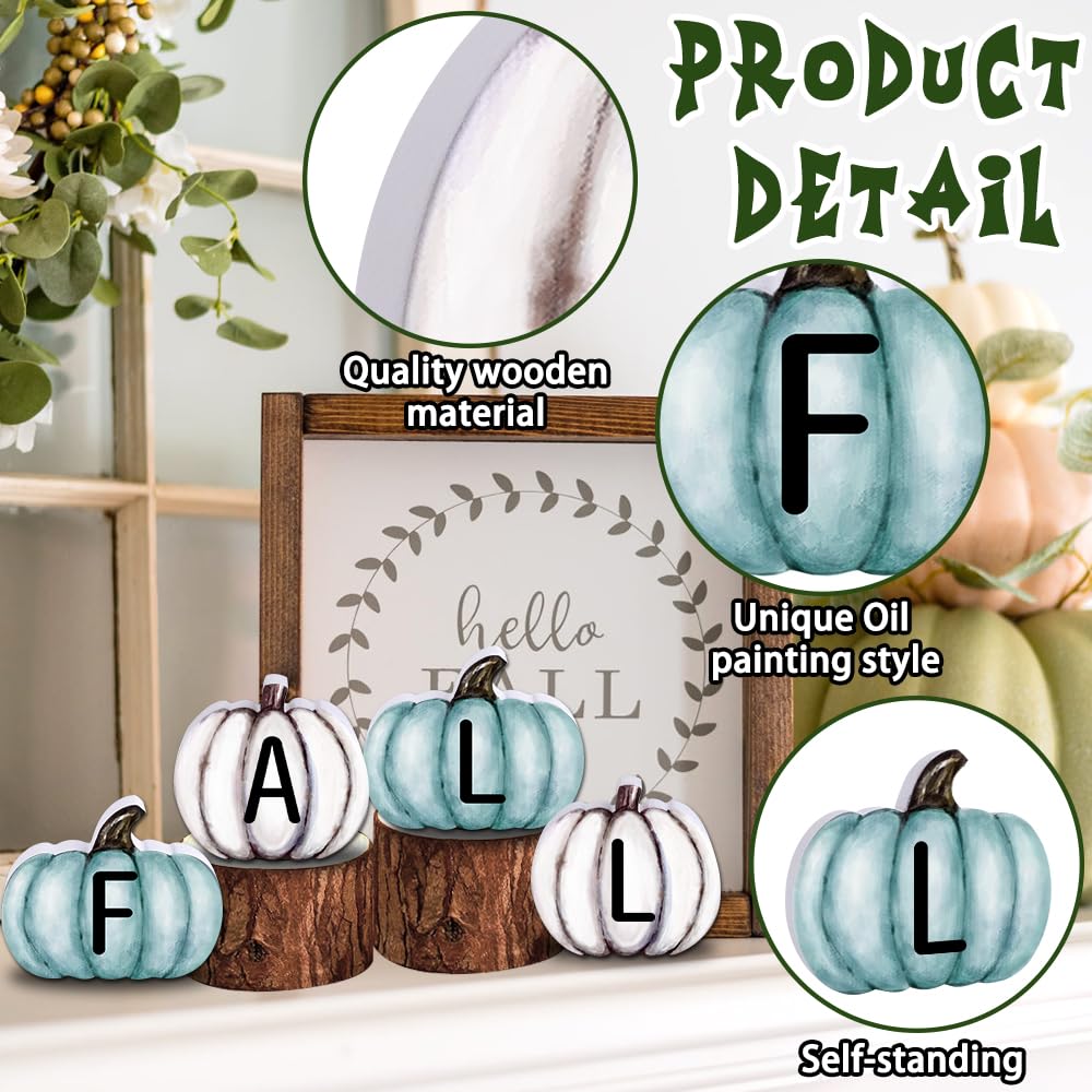 YUJUN 4 Pieces Fall Pumpkin Wooden Signs Decoration,Blue Autumn Tiered Tray Pumpkin Tabletop Decor for Thanksgiving Fall Home Kitchen Harvest Party Decor Supplies