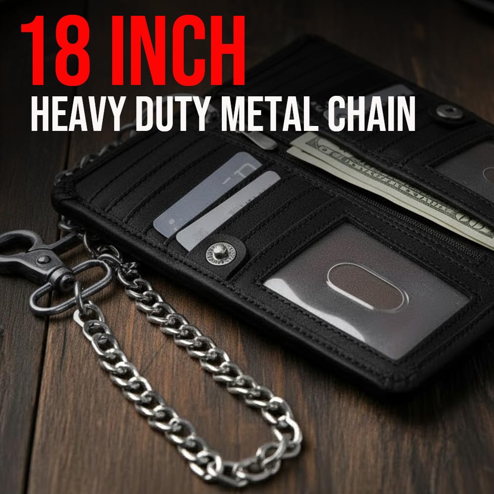 CLASSIC Motorcycle Chain Wallet for Men – Premium Cowhide Leather, RFID Bi-Fold Biker Wallet with Heavy Duty Chain for Bikers Truckers & Hunters, Credit Card Money Organizer Long Wallet Aniline Black