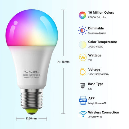 Smart Light Bulbs 4Pack with Remote, A19 E26 800LM LED Color Changing Light Bulb, WiFi & Bluetooth 5.0, Warm to Cool White, Dimmable, RGB Smart Home Lighting Work with Alexa Google Assistant
