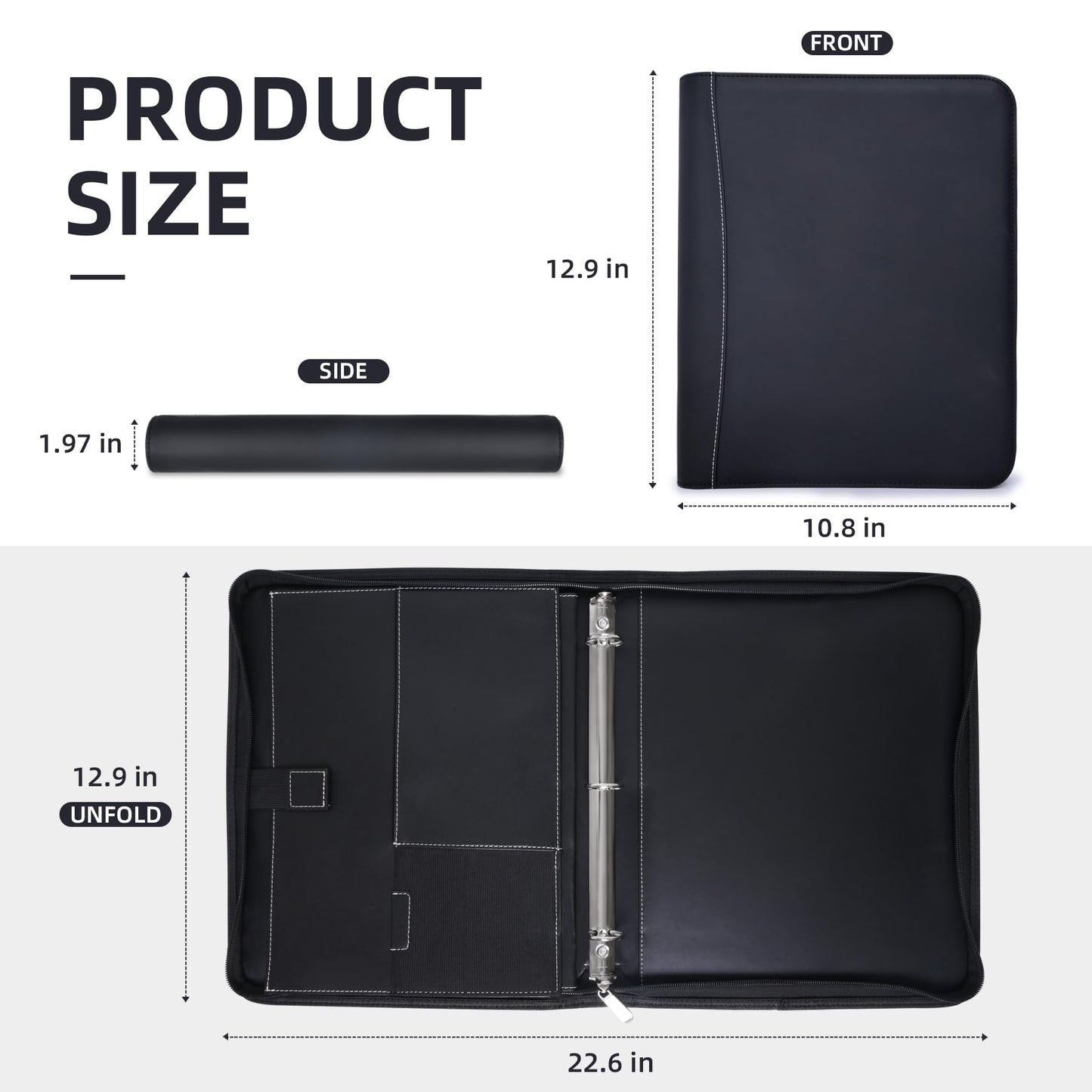 Antner Zipper Portfolio Binder Padfolio 3 Ring Binder 1 Inch Professional Faux Leather Document Organizer Folio for Tablet, Phone, and 8.5x11 Documents, Resumes, Presentation Folders for Men & Women