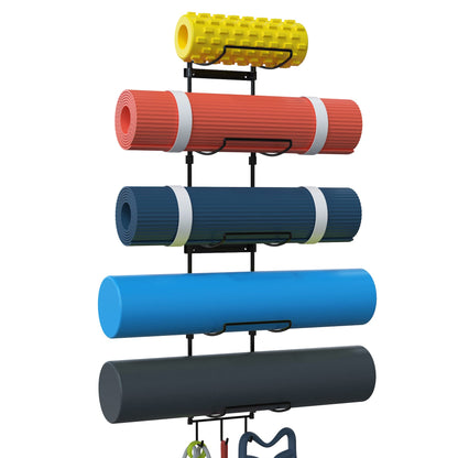 Kesito Yoga Mat Holder Wall Mount, Wall Rack Organizer, Storage Foam Roller and Block, with 5 Sectional and 3 Hooks for Hanging Yoga Strap, Resistance Bands at Fitness Class or Home Gym, Decor(Black)