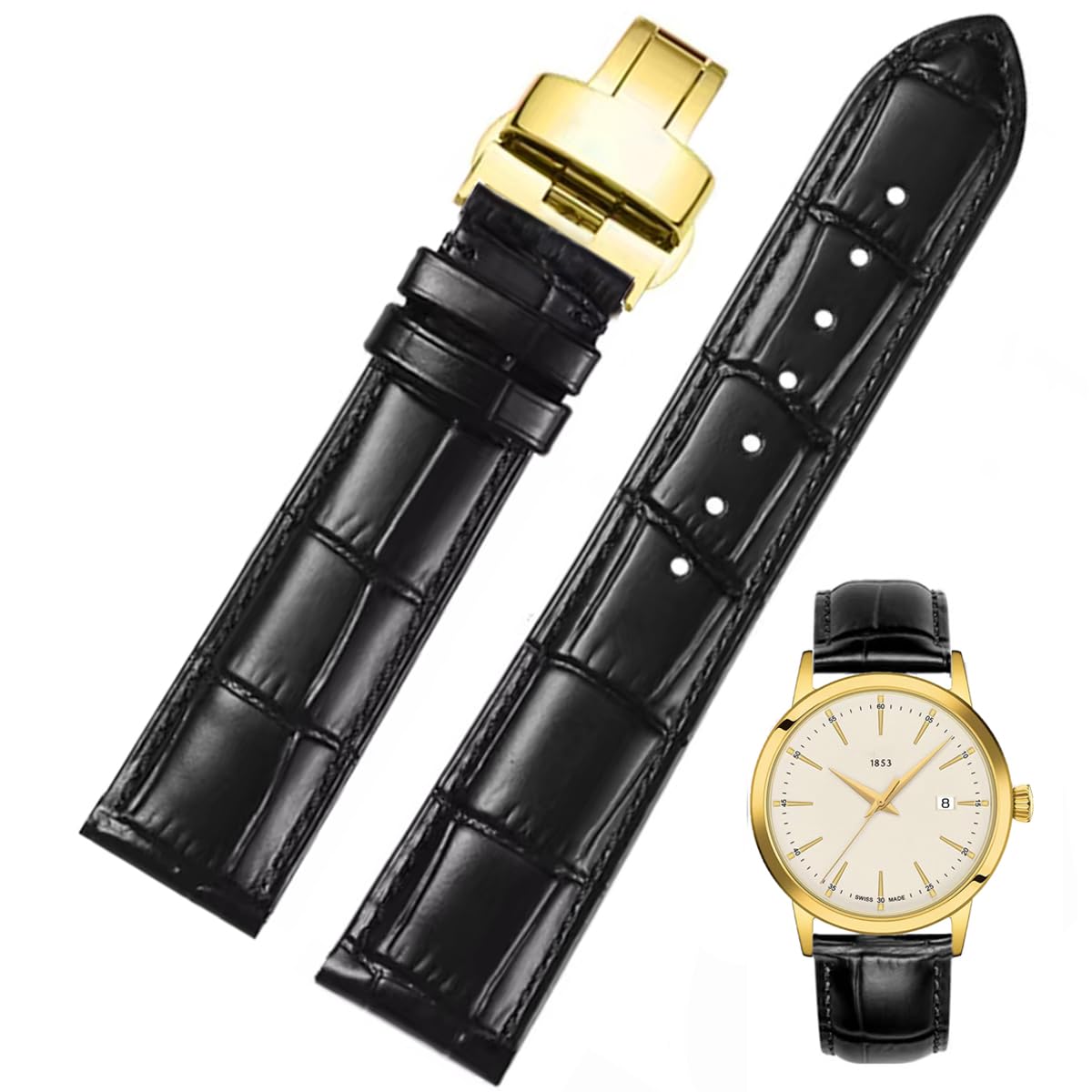 Genuine Leather Watch Bands, Italian Alligator Grain Embossed Watch Straps,Quick Release Replacement Deployment Buckle Leather Watch Straps 12mm 14mm 15mm 16mm 17mm 18mm 19mm 20mm 21mm 22mm 23mm 24mm (D-Black-gold, 12mm)