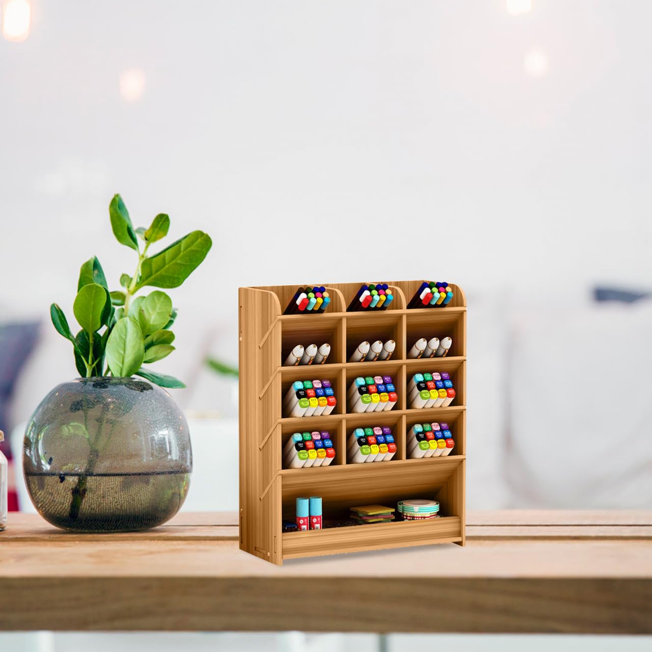 Ciieeo Multi-Grid Wooden Pen Holder Storage Box 10.03X8.26X3.62 Inch Desk Organizer Office Pencil Case Stationery Storage for Home and Office