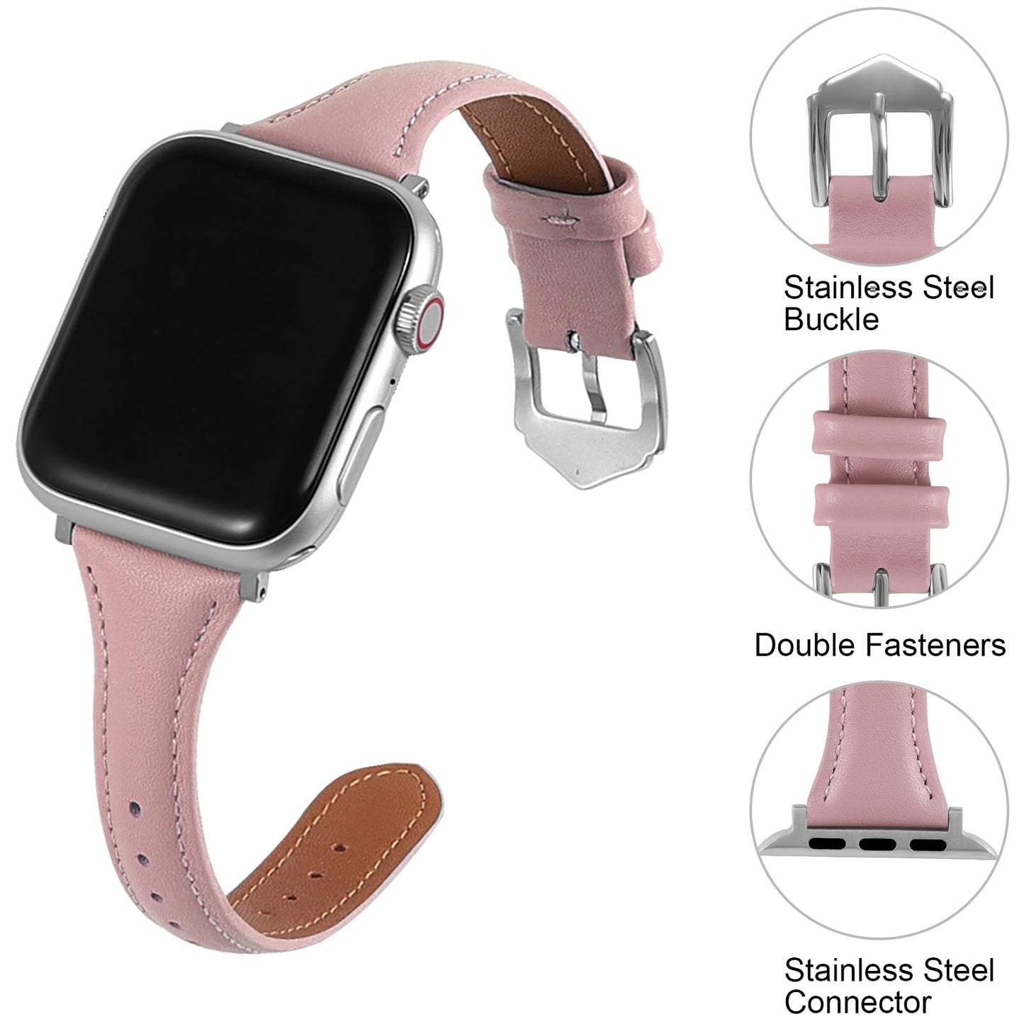 Slim Soft Genuine Leather Bands Compatible with Apple Watch Band 38mm 40mm 41mm 42mm for Women, Dressy Durable Leather Replacement Strap for iWatch SE1/2/3 11 10 9 8 7 6 5 4 3 2 1