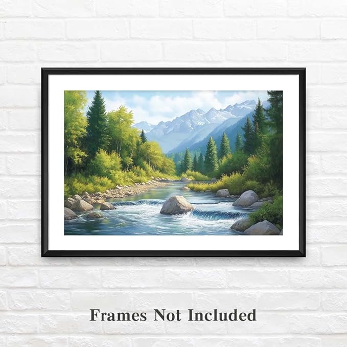 Yesad Serene Nature Wall Art, Landscape Canvas Wall Art Forest Pictures Prints Mountain Painting Scenery Poster Wall Décor for Farmhouse Living Room Bedroom (Unframed,30”x20”,Stream)