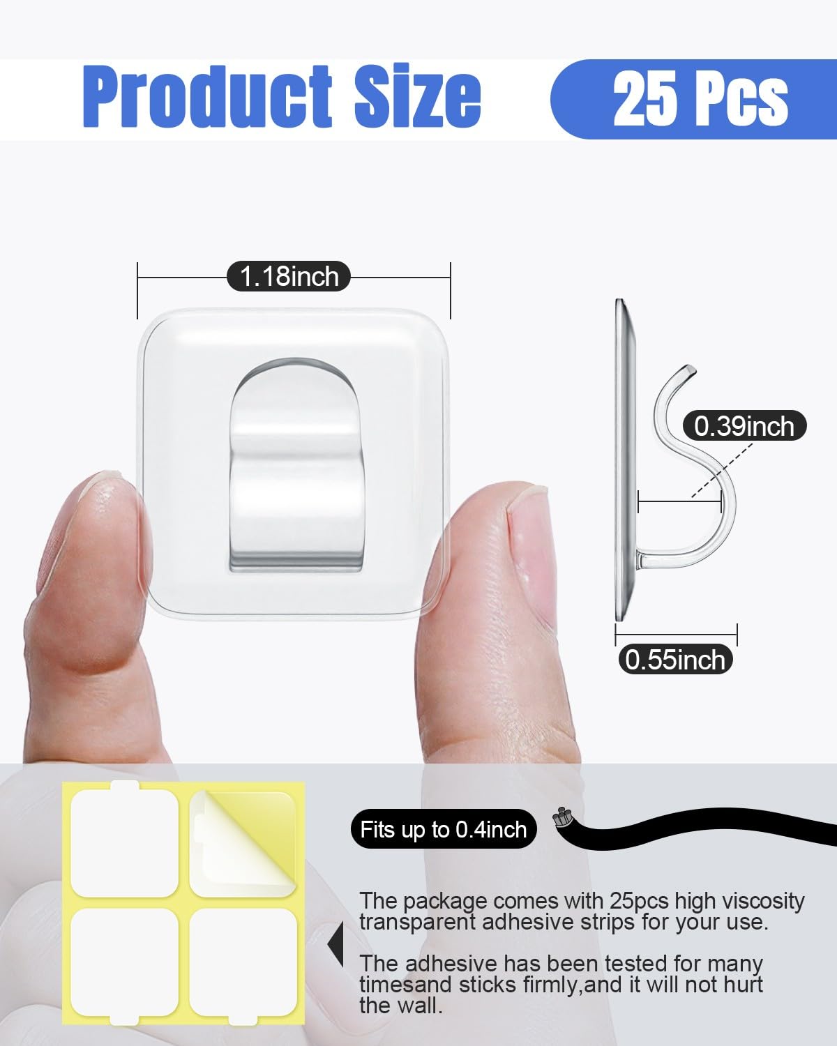 LZC Hooks for Outdoor String Lights Clips: 25 Pack Square Clear Large Heavy Duty Light Hook Waterproof Adhesive Strips - Outside Hanging Rope Light Cable Cord Holders Organizer