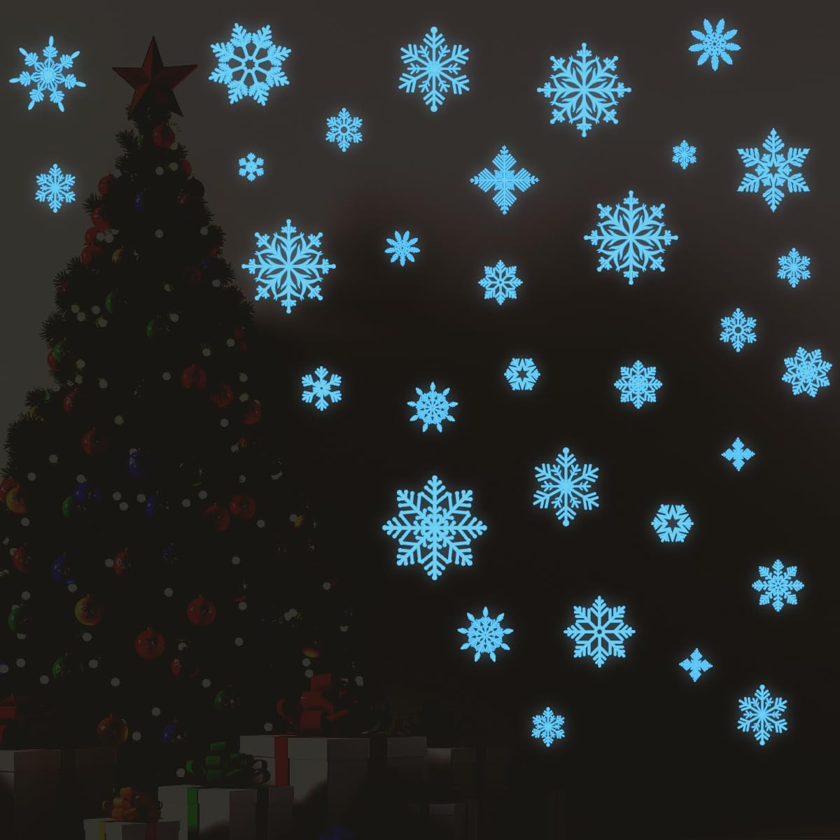 Glow in The Dark Christmas Snowflake Wall Decal Blue Luminous Christmas Snowflake Wall Stickers Removable Window Cling Party Supplies for Holiday Decoration