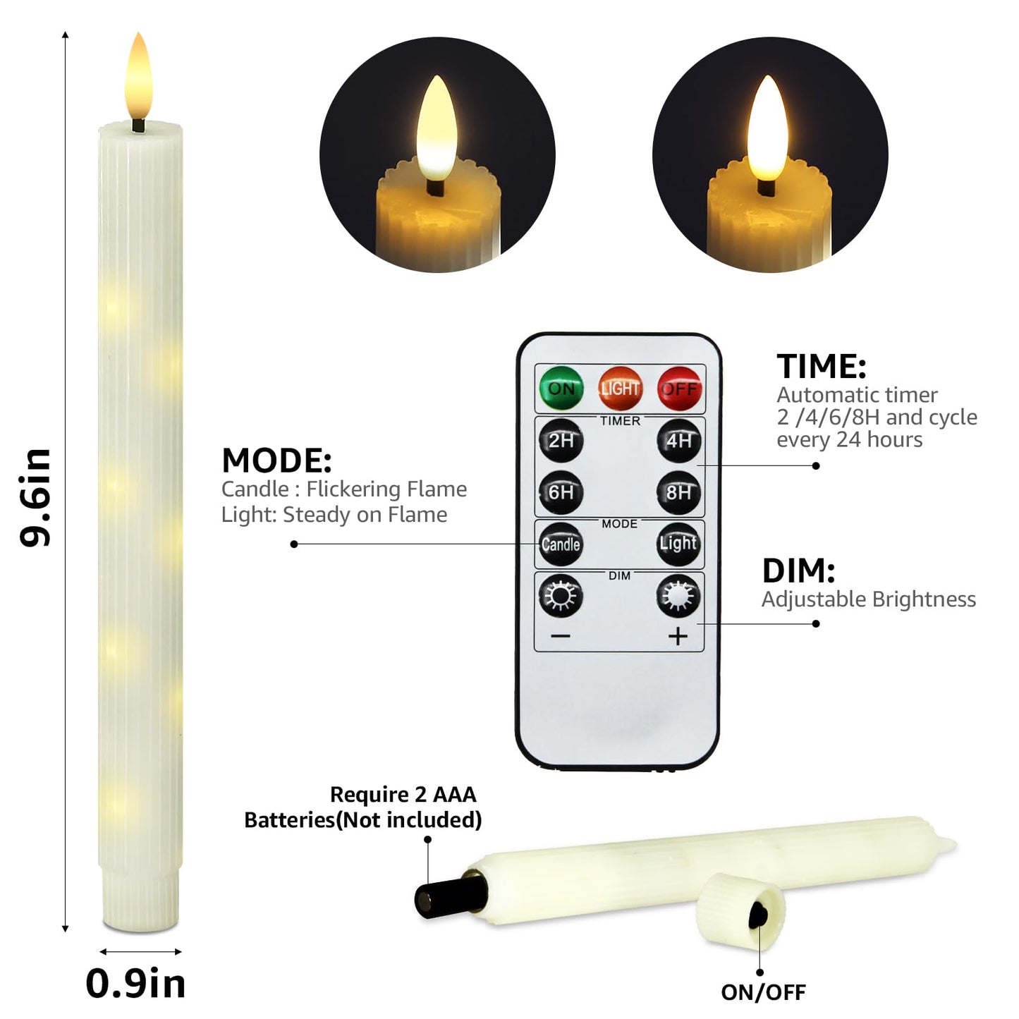 uuffoo 6 Pack Flameless Taper Candles with Remote Timer, Flickering Taper Candles Battery Operated Real Wax LED Fake Candles for Indoor Outdoor Home Wedding Fireplace Decor (Ivory, 0.9 X 9.6 Inch)