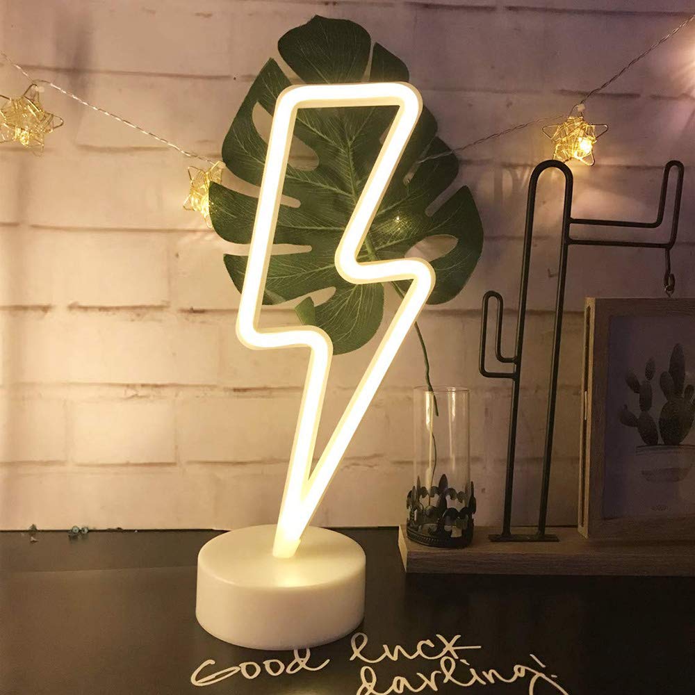 Warm White Lightning Neon Light Signs Lightning LED Lamps Lights Room Decor Battery/USB Operation Night Lights with Base Neon Light up Bar Bedroom Party Christmas