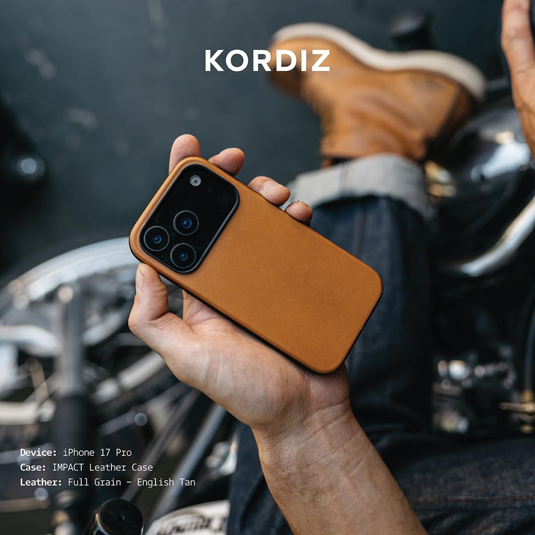 KORDIZ Impact Leather Case for iPhone 17 Pro – Full-Grain Leather MagSafe Case with Camera Control Button – 360° Shockproof Bumper – Rugged Patina-Ready Protection – Slim Grip Cover (English Tan)