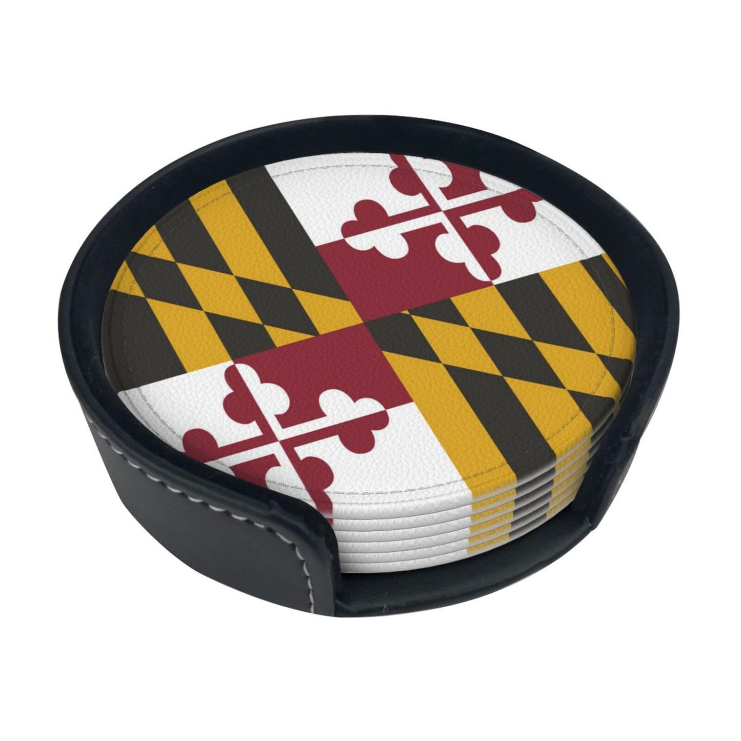 6 Pack Maryland State Flag Leather Coaster with Holder for Drinks- Heat Resistant Non-Slip National Flag Funny Coasters for Wooden Table Coffee Bar Kitchen Decor Housewarming, Set of 6