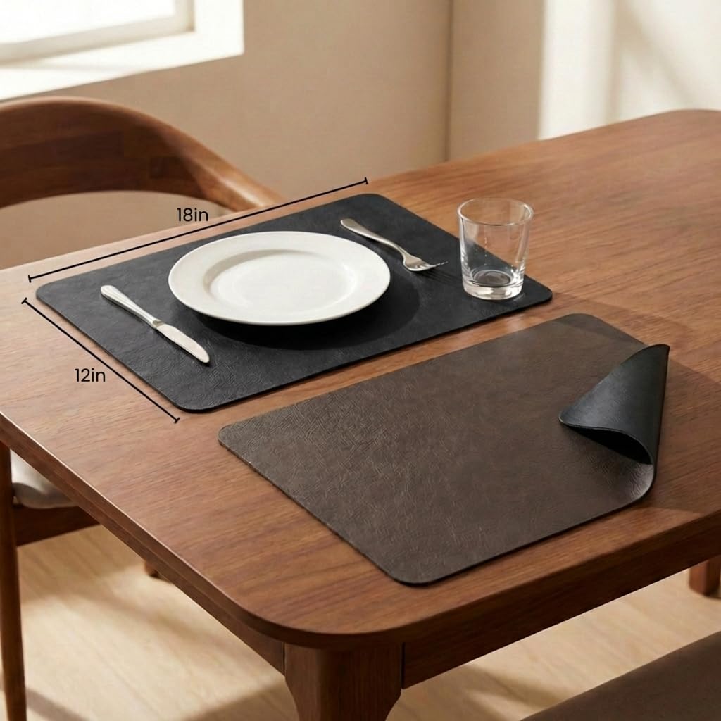 Premium Faux Leather Placemats Set of 6 – Waterproof, Heat-Resistant, Reversible & Non-Slip Table Mats for Kitchen, Dining, Indoor/Outdoor Use (Black & Dark Brown)