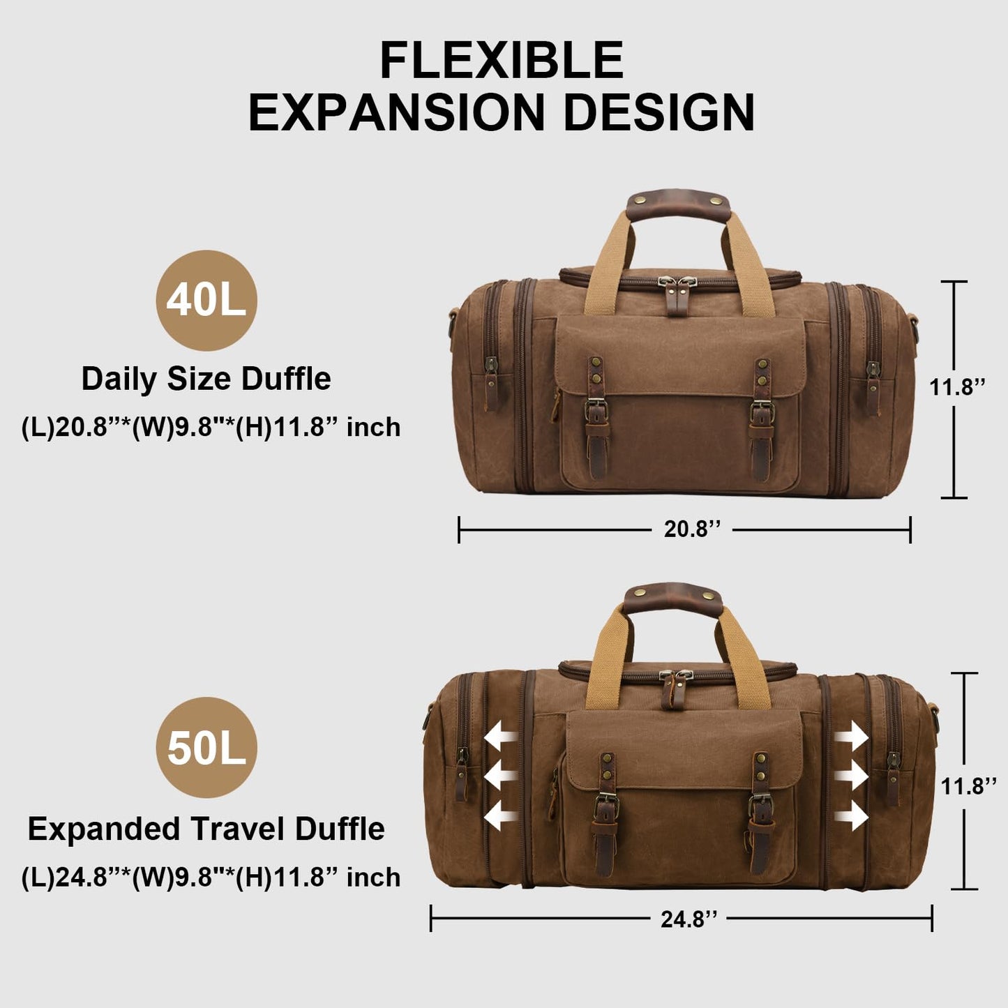 Waxed Canvas Duffel Bag 50L Waterproof Duffle Bag Travel Overnight Weekender Bag